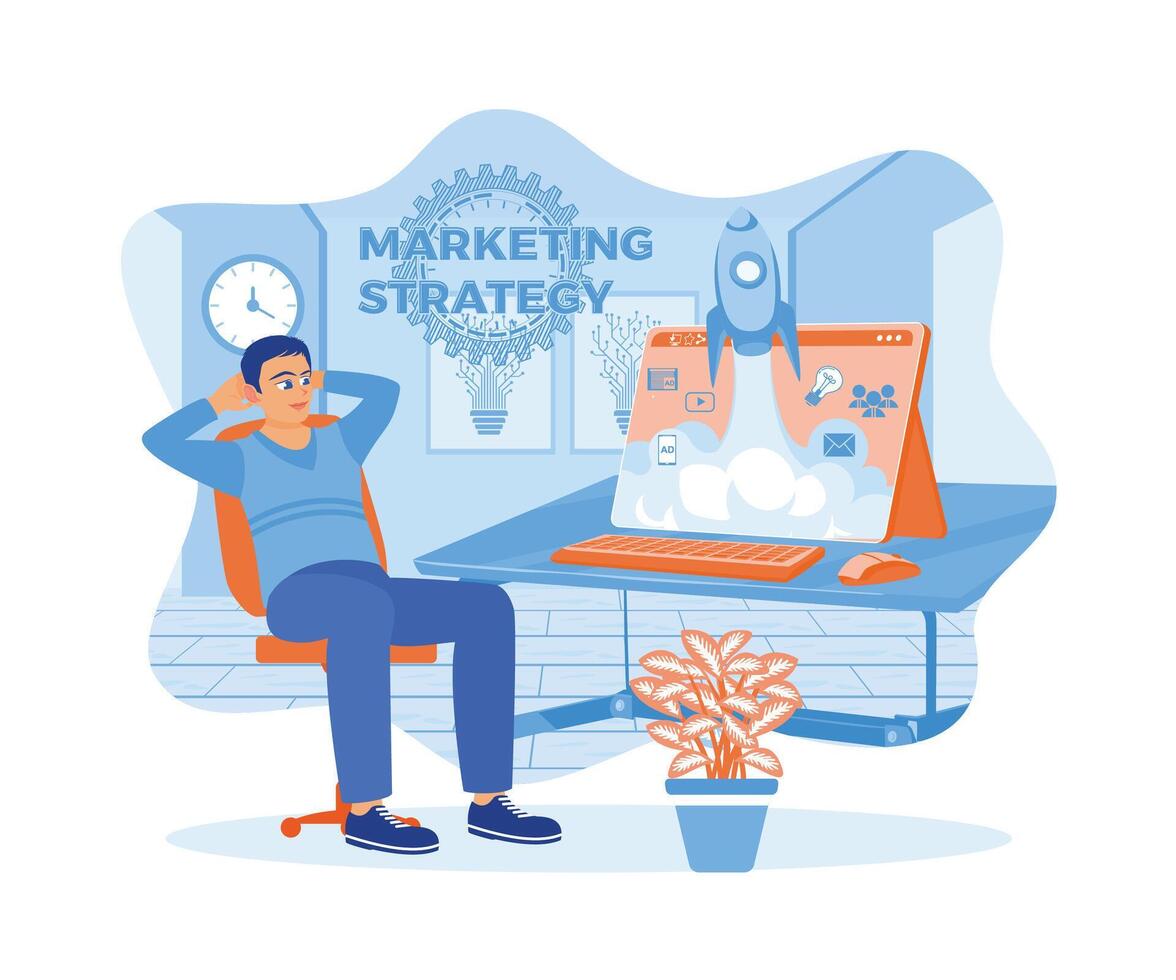 Unternehmer sich entwickeln Marketing Strategie Technologie. ein Rakete Symbol erscheint auf das Laptop Bildschirm. Marketing Konzept. eben Vektor Illustration.