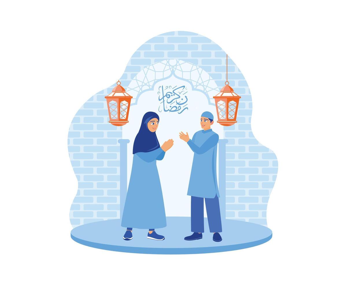 Muslime Stand zu grüßen und verzeihen jeder andere. glücklich Ramadan und eid al-fitr. glücklich eid Mubarak Konzept. eben Vektor modern Illustration