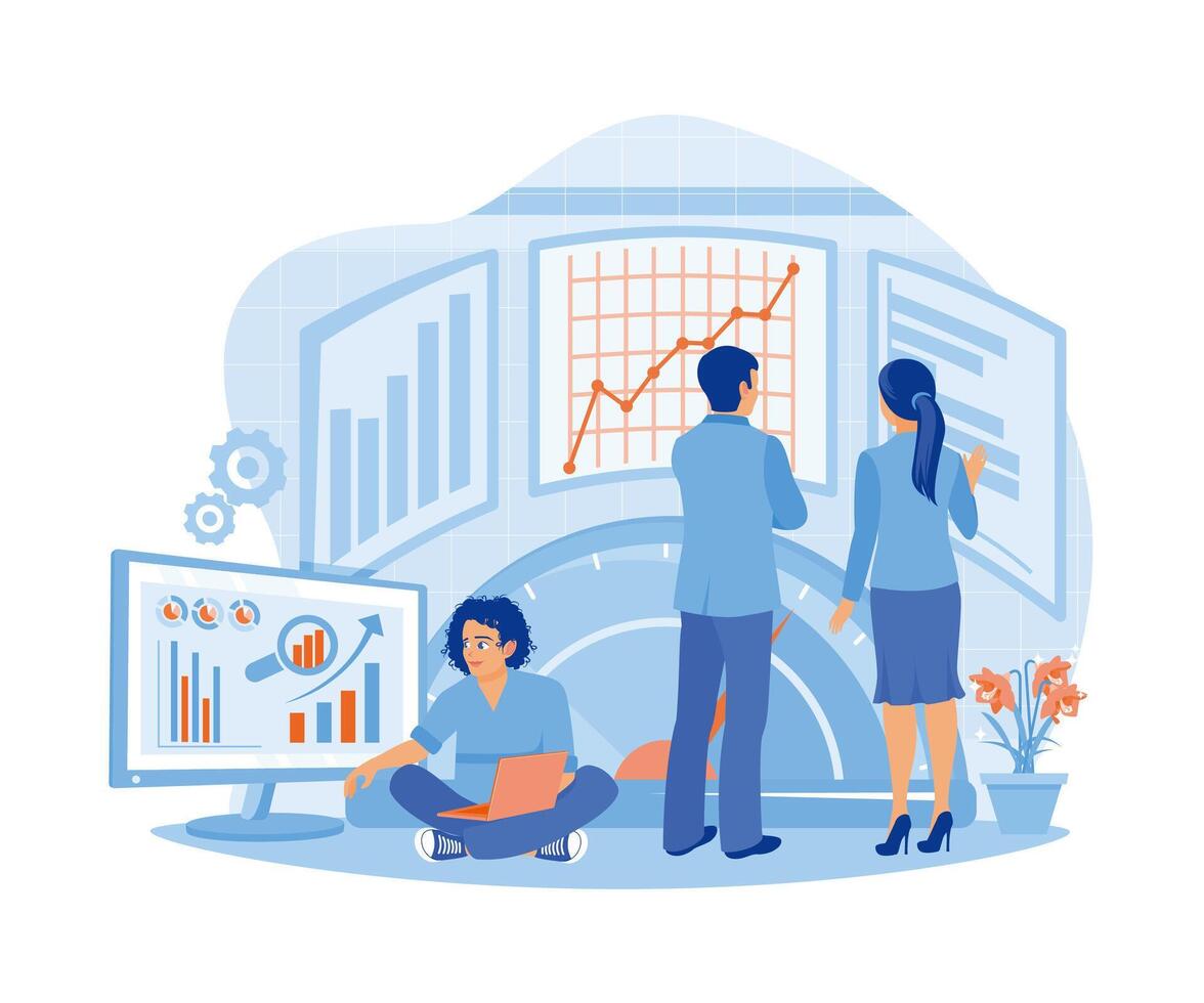 tre företag anställda jämföra, testa och analysera företag företag diagram använder sig av bärbara datorer, datorer och virtuell skärmar. benchmark begrepp. platt vektor modern illustration