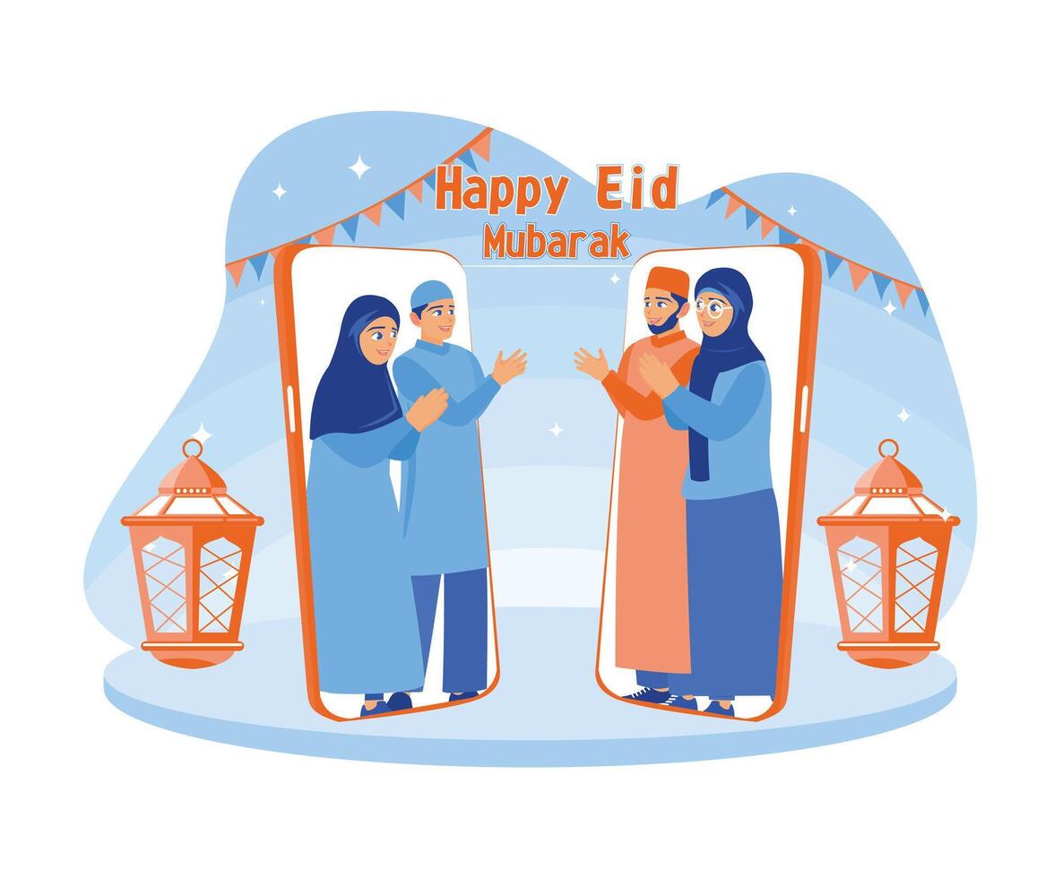 muslim familj firar eid al fitr lyckligt. be om ursäkt till varje Övrig över de telefon eftersom av de lång distans. Lycklig eid mubarak begrepp. platt vektor modern illustration