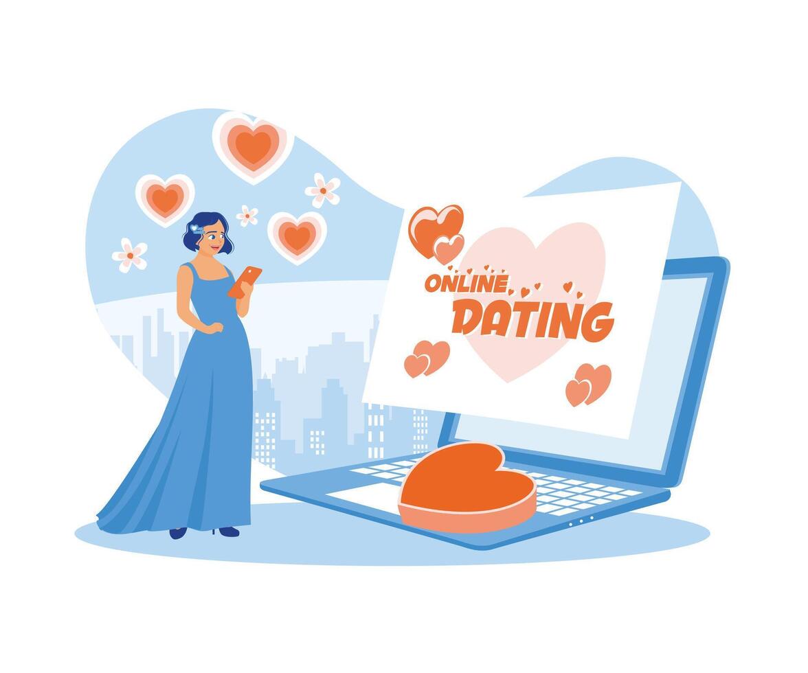 ein Schön, elegant gekleidet Mädchen besucht ein online Dating Seite? ˅. online Dating Konzept. eben Vektor Illustration.