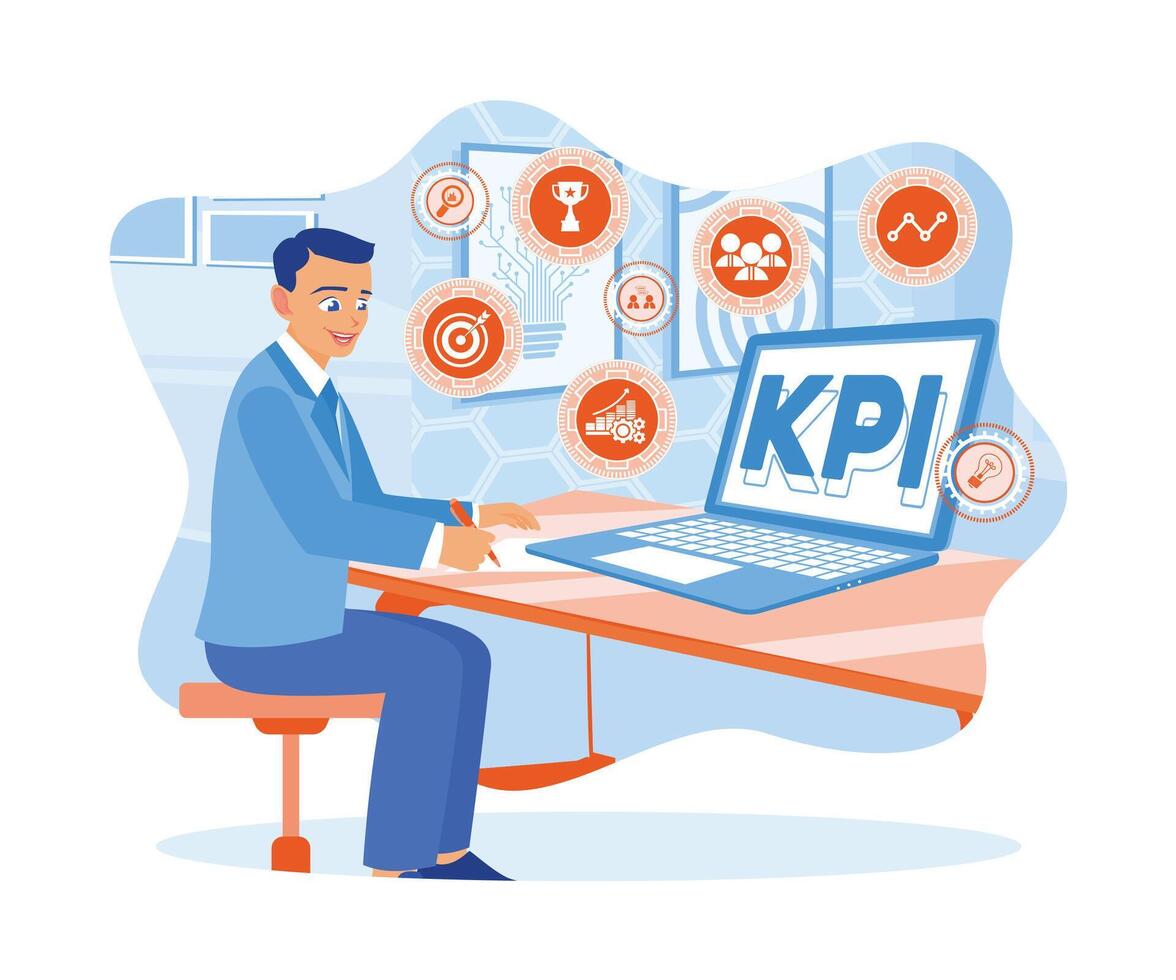 Geschäftsmann Erstellen Geschäft und Technologie Konzepte mit Laptop und Anmerkungen im das Büro. Clever kpi Konzept. eben Vektor modern Illustration