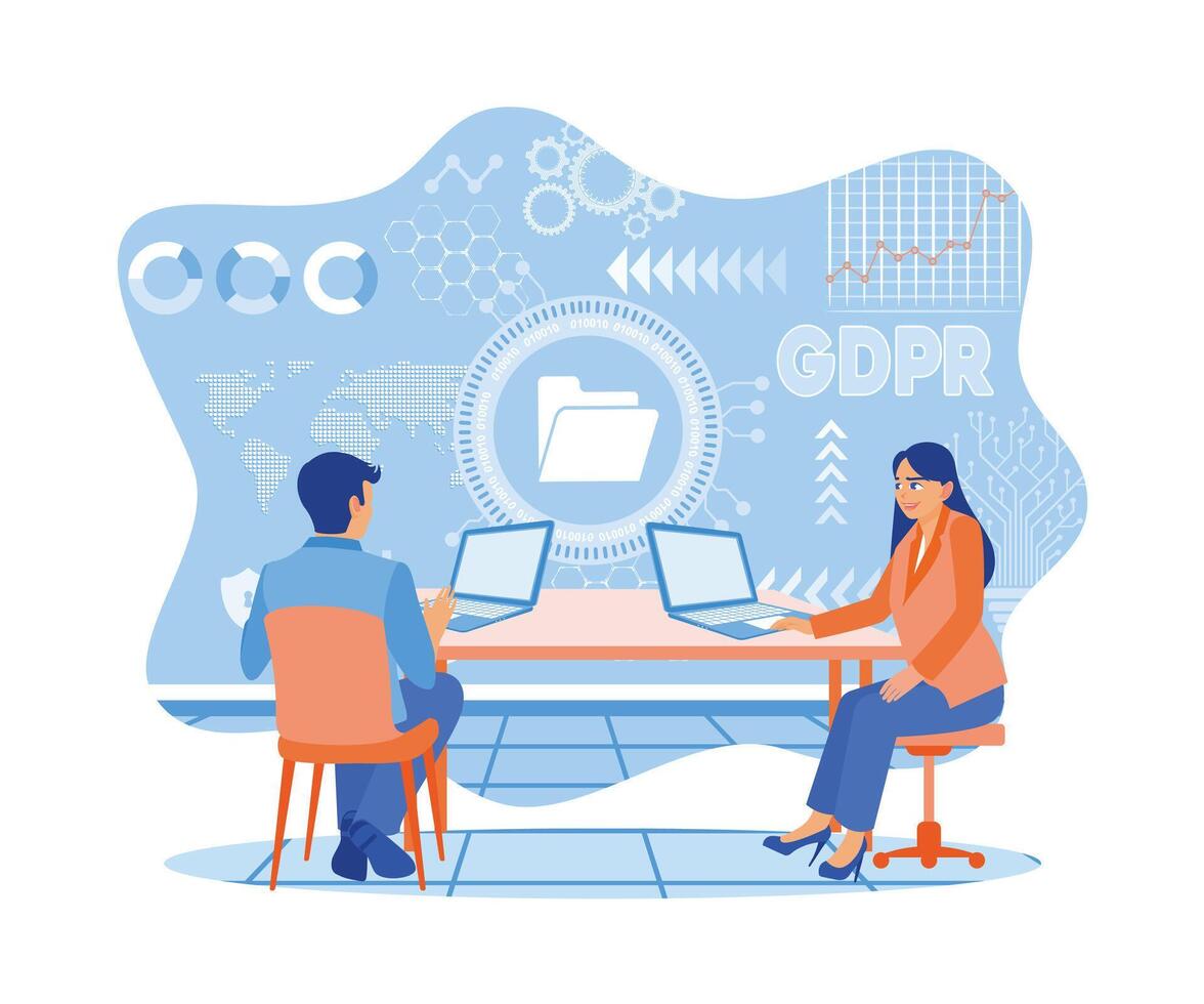 ein Mann und Frau sind Sitzung und mit ein Laptop mit das gdpr Konzept Symbol. das Allgemeines Daten Schutz Verordnung oder gdpr Konzept. eben Vektor modern Illustration