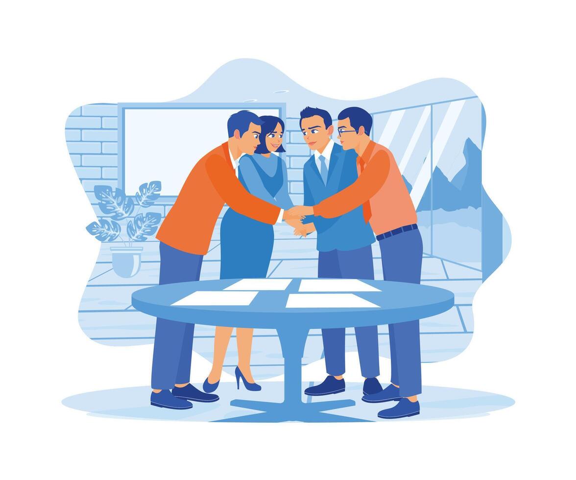en grupp av affärsmän samlade in i en möte rum, innehav händer medan Sammanträde runt om en tabell. lagarbete möte begrepp. platt vektor illustration.