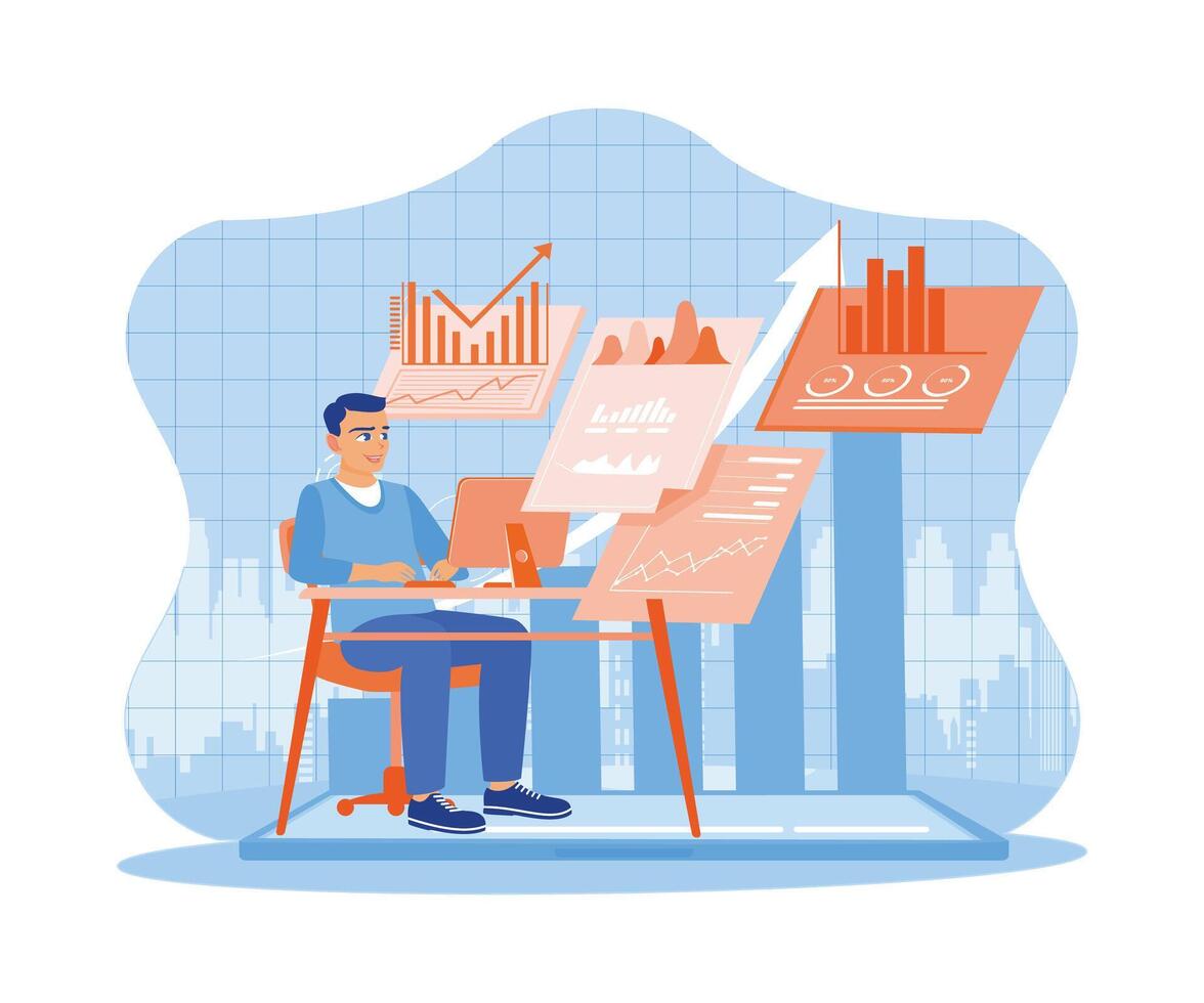 man Sammanträde i arbetsyta i modern kontor. arbetssätt innan en dator med diagram, grafer, och kontor finansiell data. finansiera och innovation begrepp. trend platt vektor modern illustration