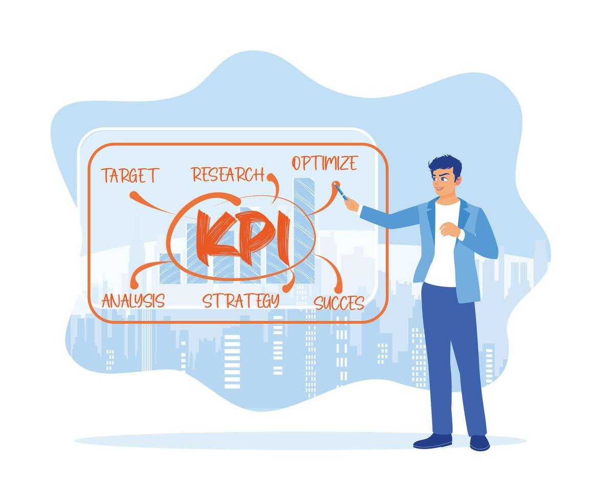 Geschäftsmann Erstellen kpi Konzept mit Bleistift auf Bildschirm. Clever kpi Konzept. eben Vektor modern Illustration