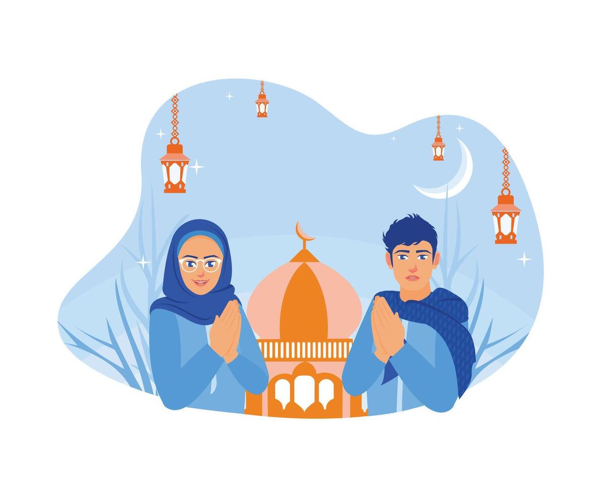 ung par förlåta varje Övrig och önskar varje Övrig en Lycklig eid. Lycklig eid mubarak begrepp. platt vektor modern illustration