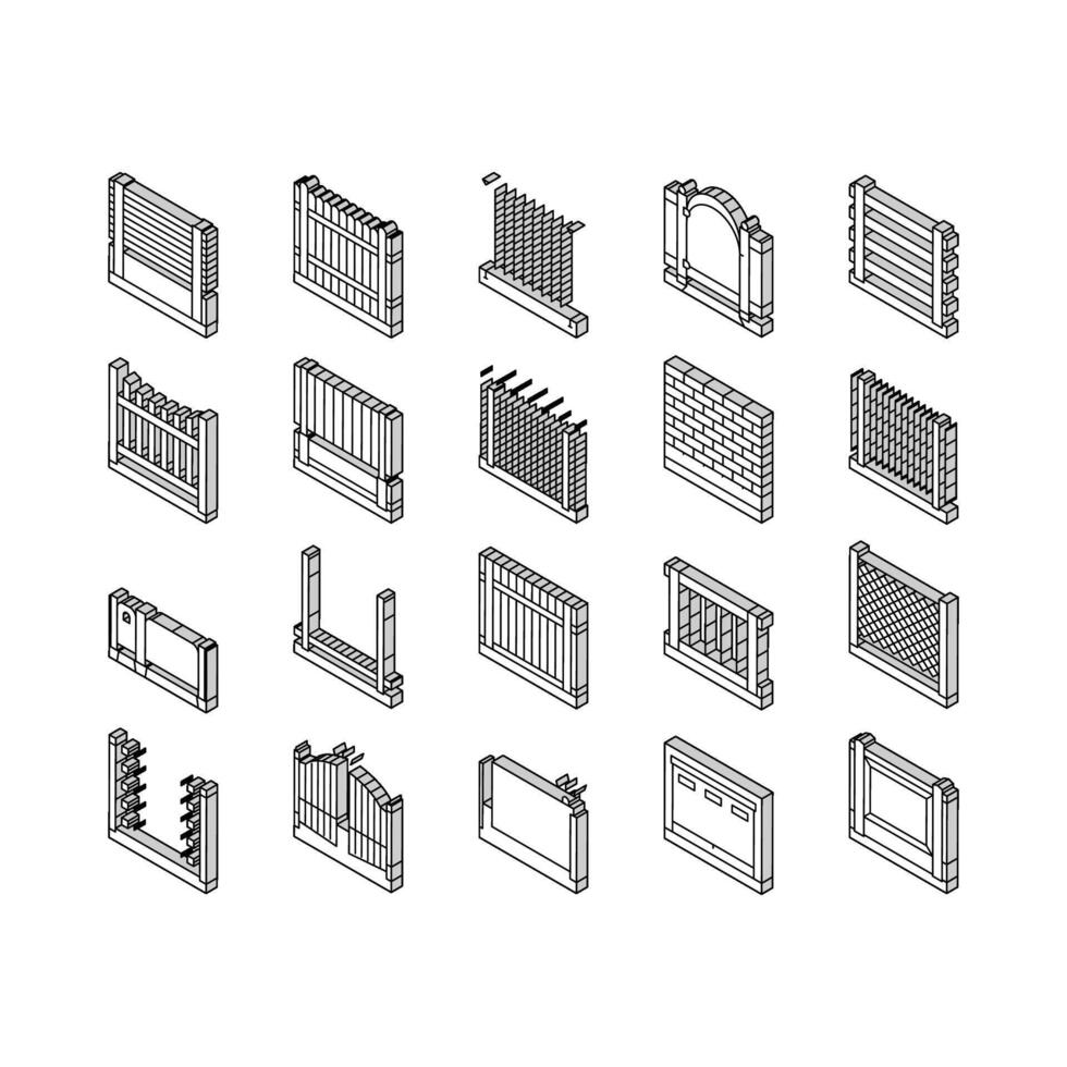 Zaun und Tor Außen Sicherheit isometrisch Symbole einstellen Vektor