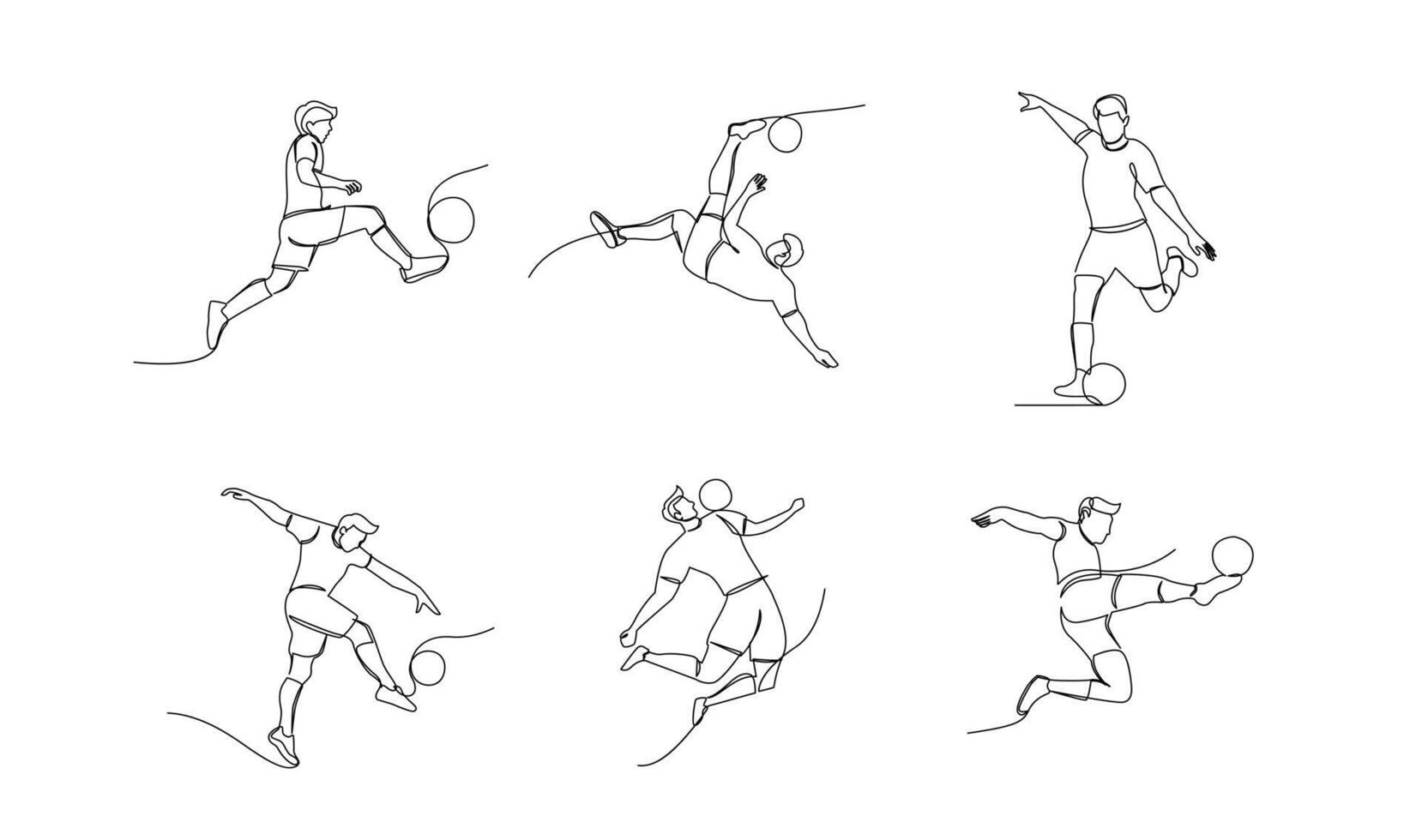 kontinuerlig linje teckning av fotboll spelare hoppa och flyga till sparkar boll. enda ett linje konst av ung man spelar fotboll boll vektor