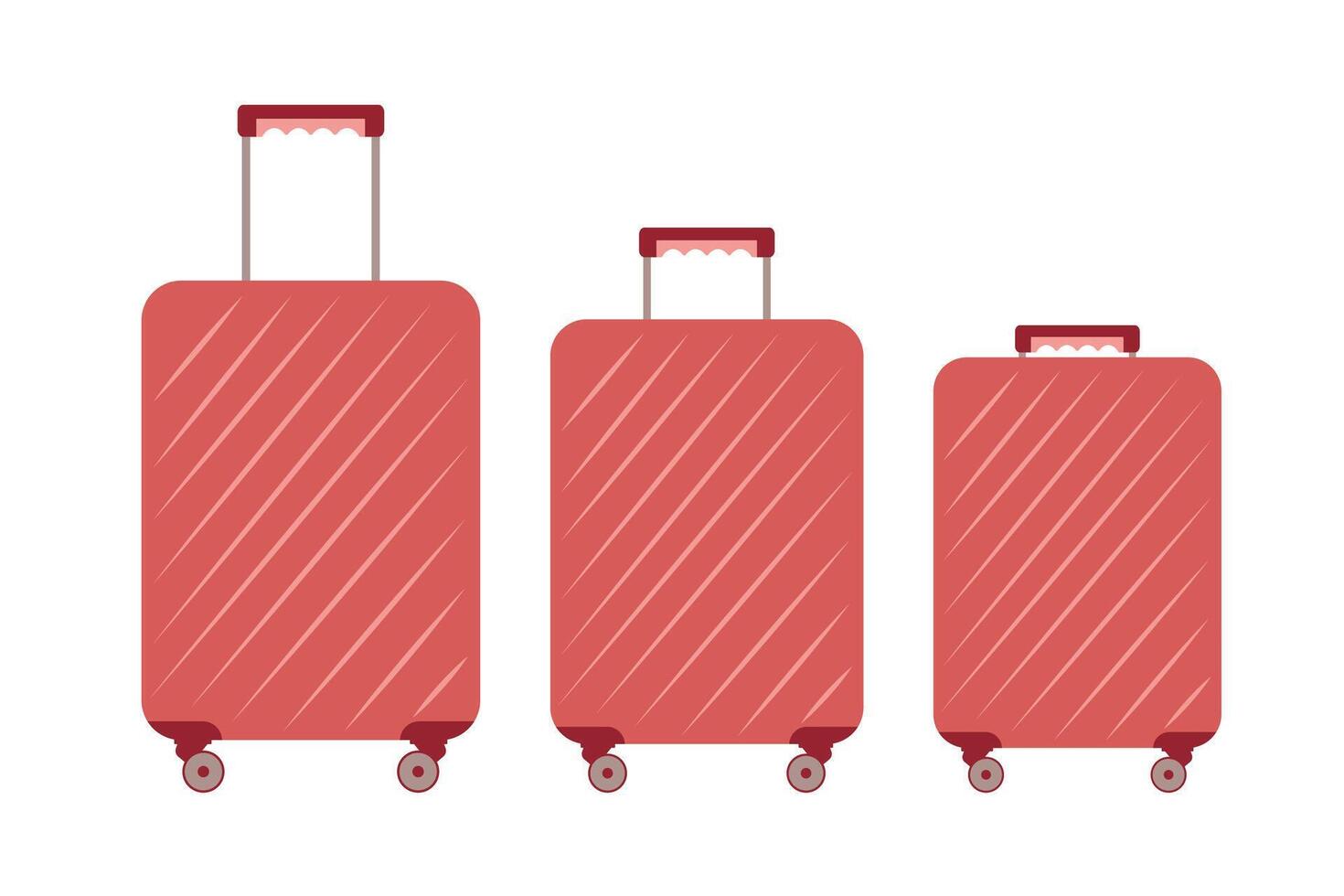 uppsättning av röd resa tecknad serie plast resväskor på hjul. isolerat resa väska, fall, trunk, validera. vektor