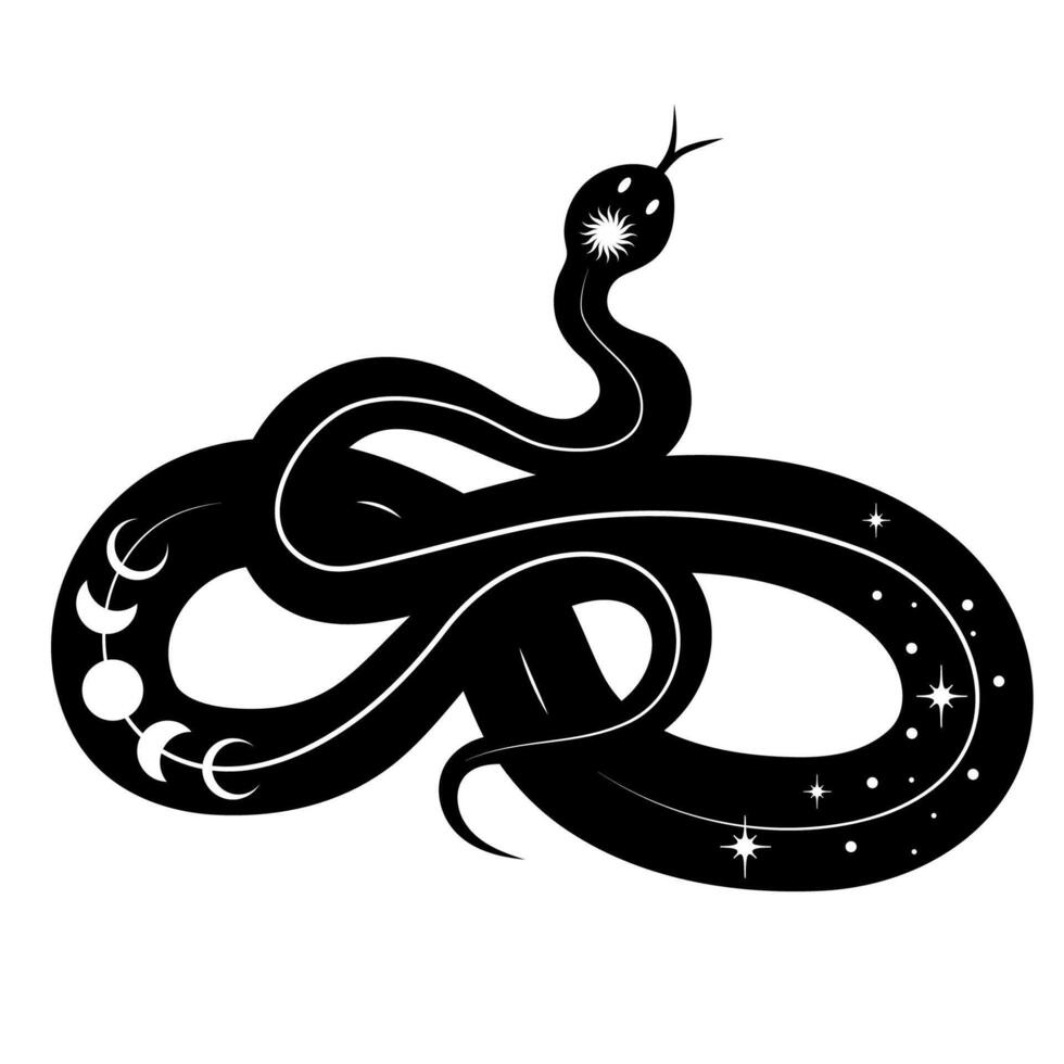 esoterisk symbol med orm, Sol, måne och stjärnor. abstrakt symbol för kosmetika och förpackning, Smycken, logotyp, tatuering. vektor