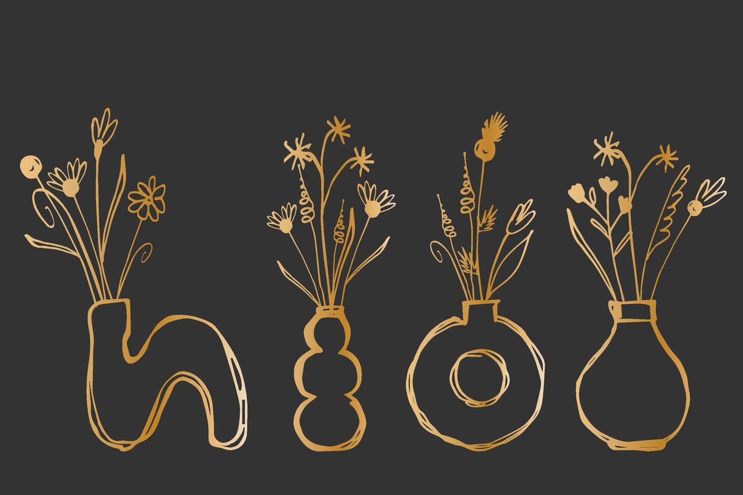 einstellen von stilisiert Hand gezeichnet Gold Blumen im ein Vasen. Elemente zum Logo, Geschäft Karte, Heft vektor