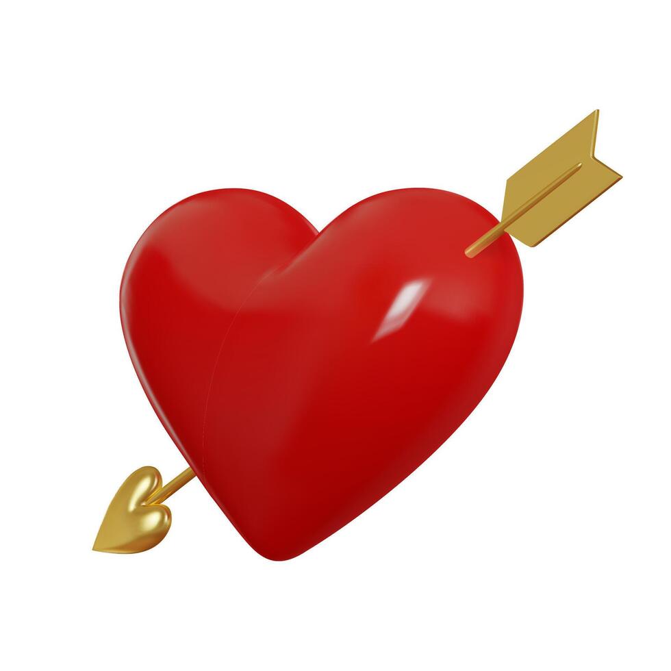3d rot glänzend Herz mit golden Pfeil im Perspektive. Symbol von Liebe. Valentinsgrüße Tag Karte. realistisch 3d isoliert auf Weiß Hintergrund. Vektor Illustration