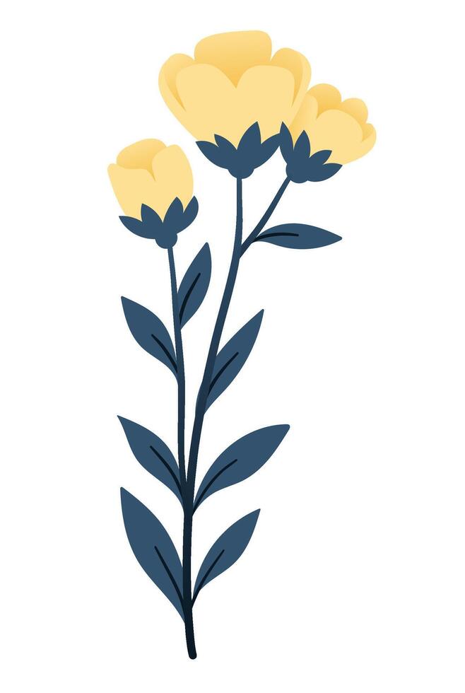 bukett av växter och gul blommor i platt stil på vit bakgrund. äng blommor och gräs, löv och tulpaner. vektor illustration