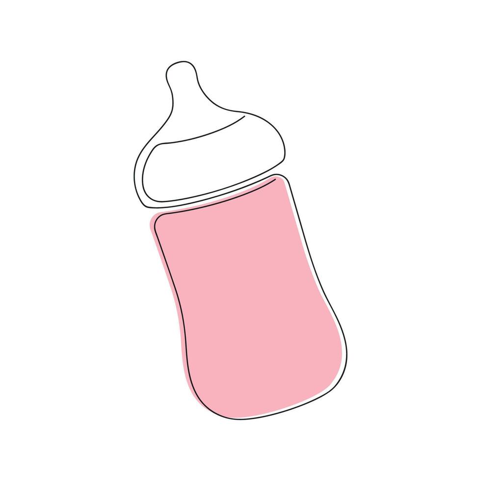 Rosa Baby Flasche zum Mädchen gezeichnet im einer kontinuierlich Linie. einer Linie Zeichnung, Minimalismus. Vektor Illustration.