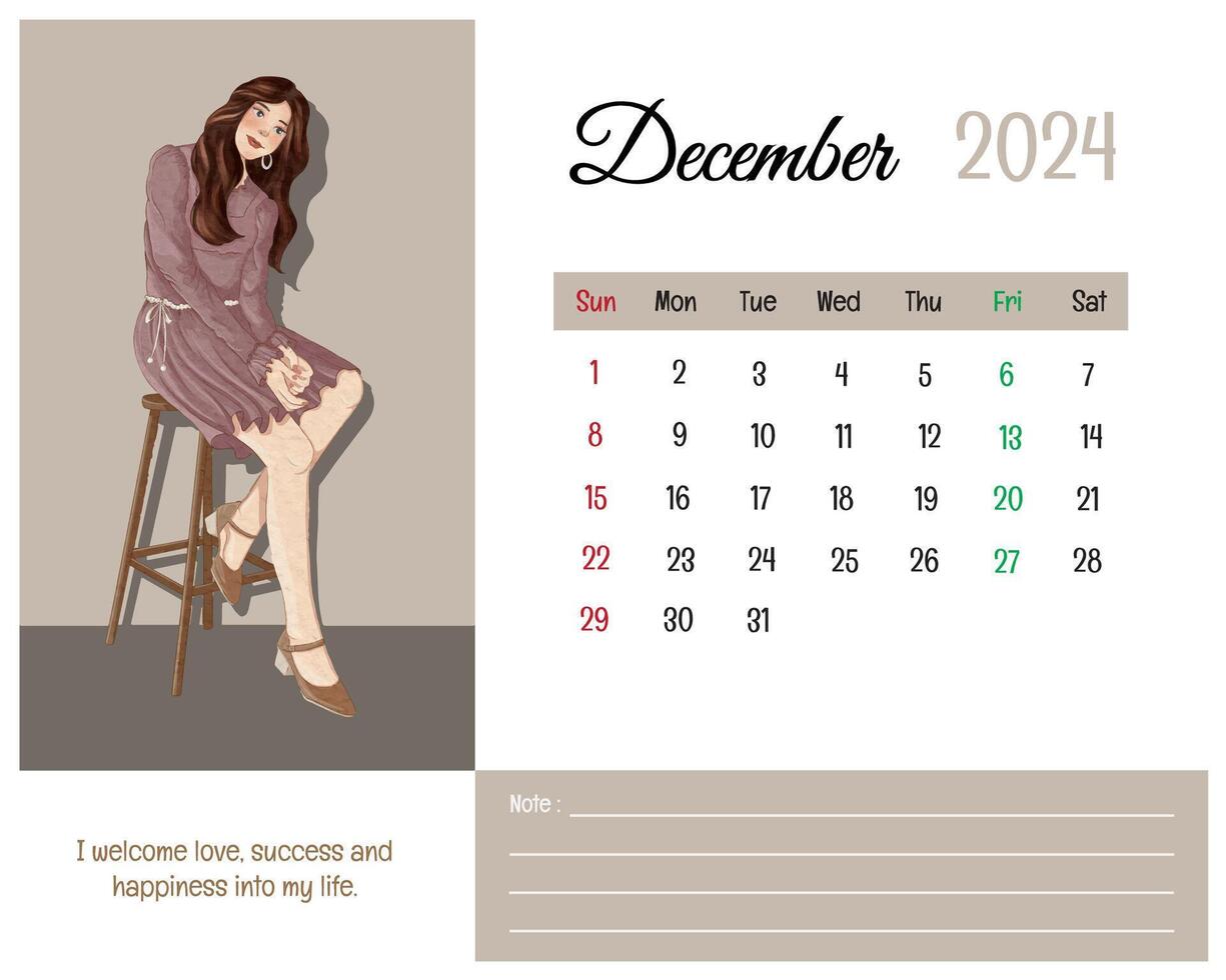 druckbar Kalender Dezember 2024 mit Mädchen Illustration und Affirmationen zum selbst vektor