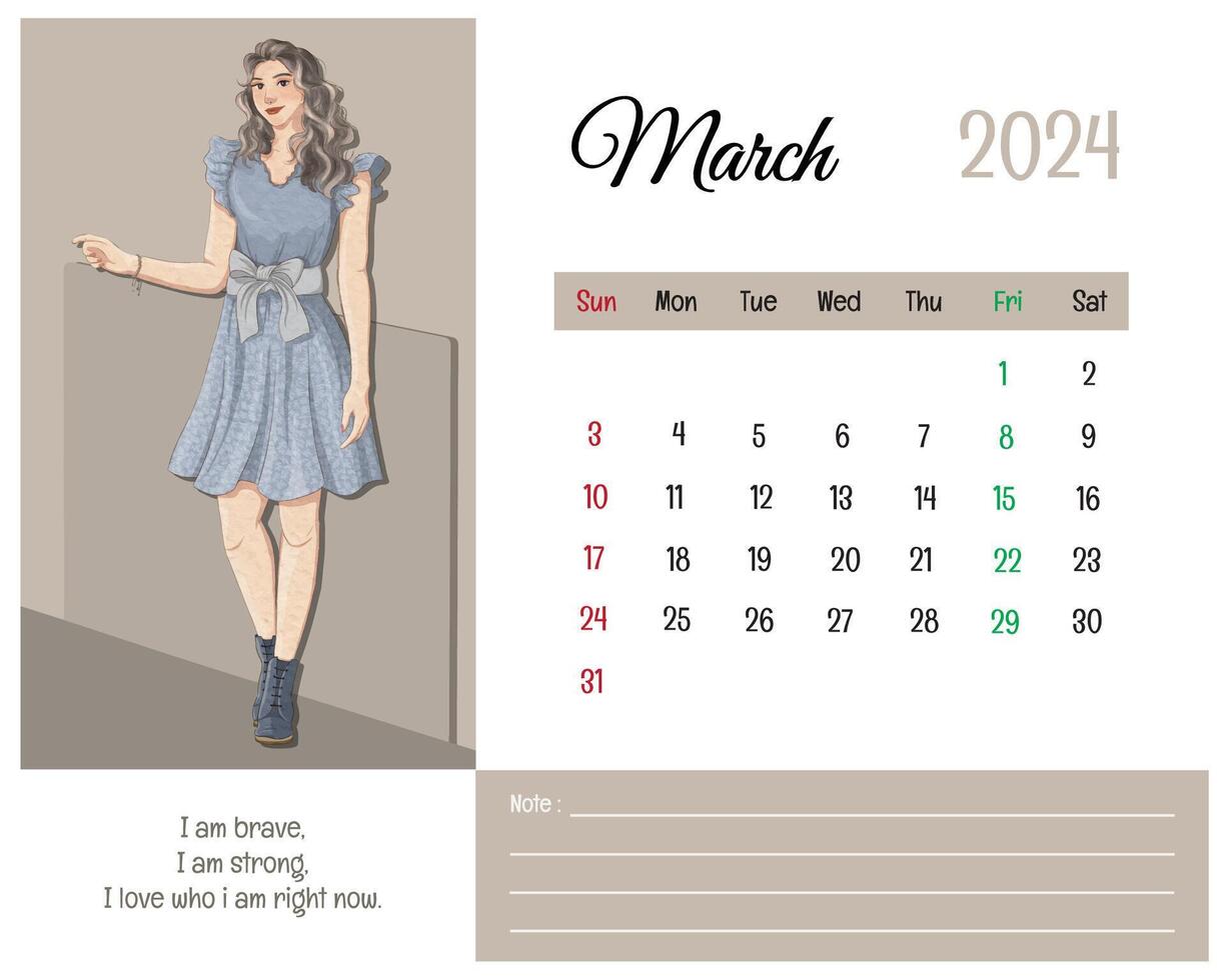 druckbar Kalender März 2024 mit Mädchen Illustration und Affirmationen zum selbst vektor