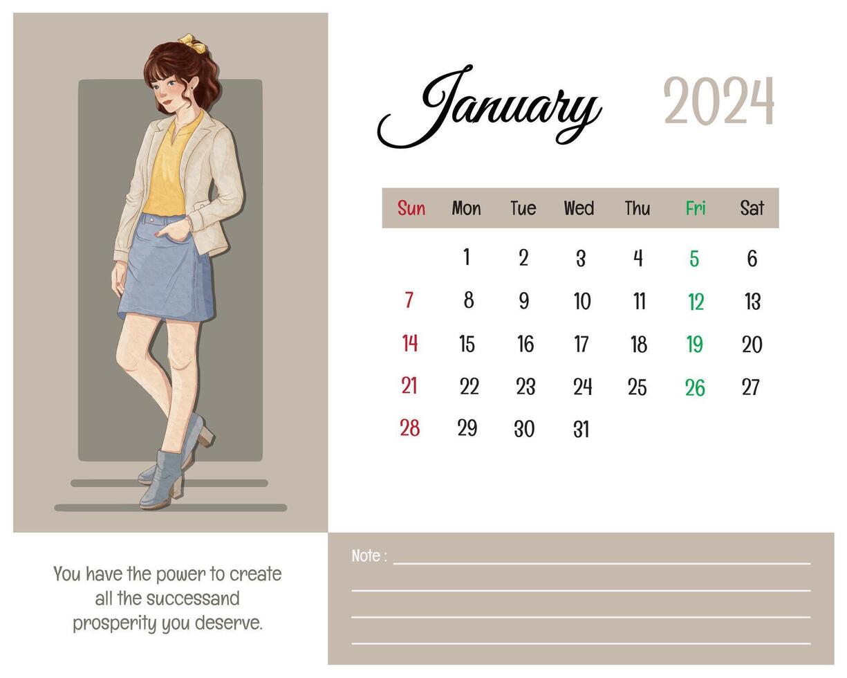 druckbar Kalender Januar 2024 mit Mädchen Illustration und Affirmationen zum selbst vektor