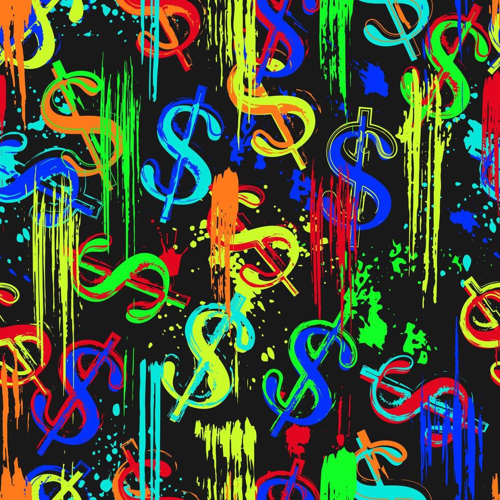 Geld Neon- Muster mit uns Dollar unterzeichnen. Hintergrund mit Farbe Bürste Schlaganfälle, Flecken, Flecken, bespritzt Farbe von fluoreszierend Farben. zum Sport Waren, Drucke, Vinyl wickeln. Pop Kunst Stil vektor