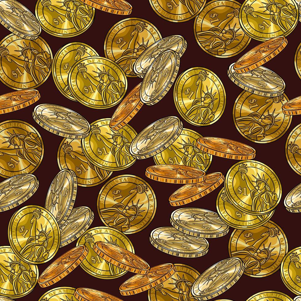 Geld nahtlos Muster mit fallen glänzend Gold Münzen von verschiedene Farbtöne. dicht Komposition. Vektor Illustration.
