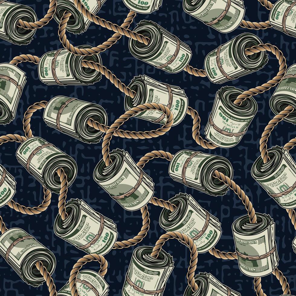 Geld nahtlos Muster mit Rollen von 100 Dollar Rechnungen begrenzt durch Jute Seil auf dunkel Blau Grunge Hintergrund mit klein abstrakt Partikel mögen Kleckse, Flecken. detailliert Jahrgang Vektor Illustration