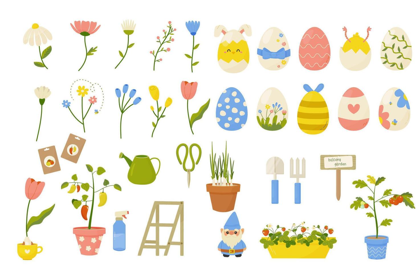 vår uppsättning. blommor, påsk ägg och trädgårdsarbete. vår säsong. vektor illustration på vit bakgrund