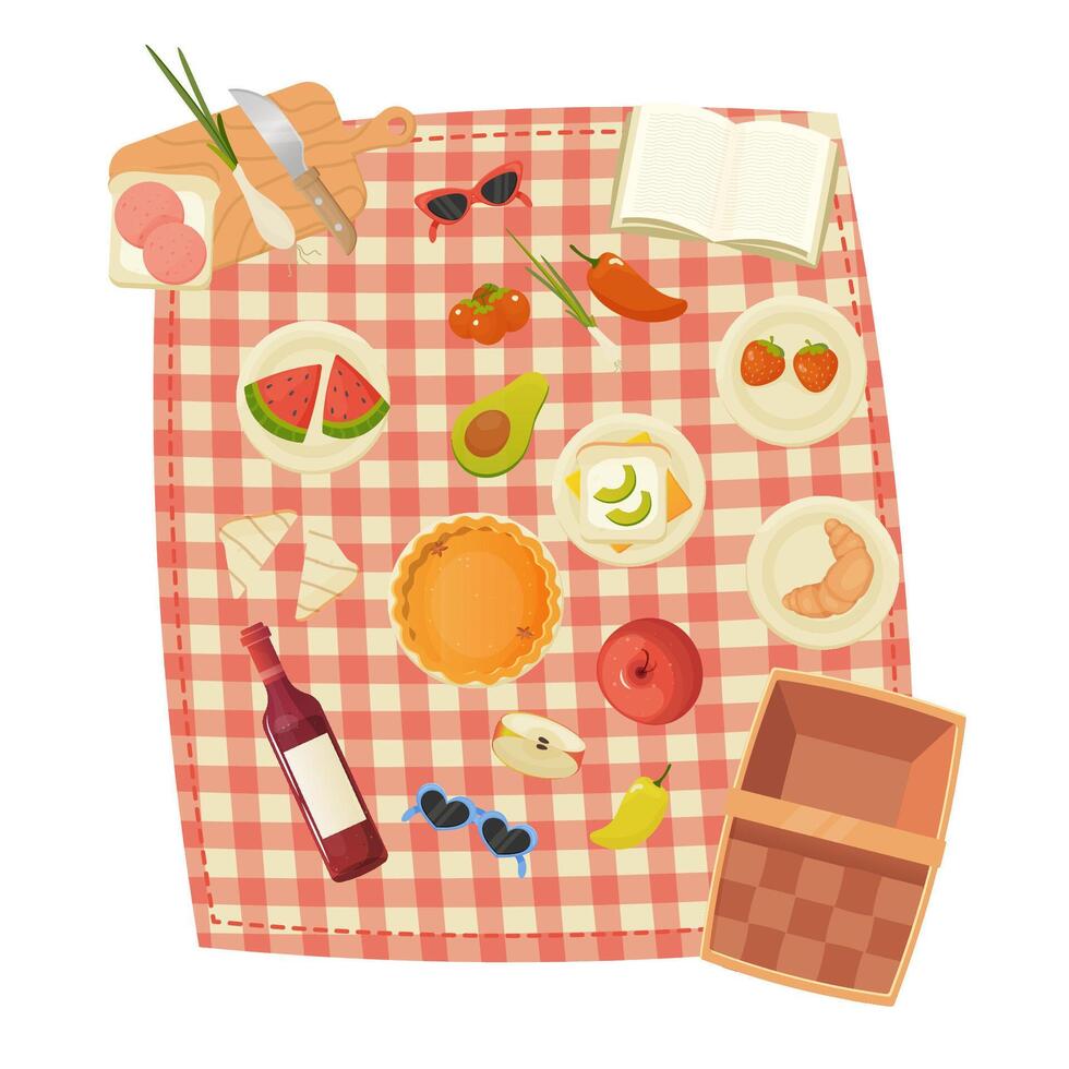 picknick uppsättning, mat, bbq, picknick korg, utomhus- mat. vektor illustration