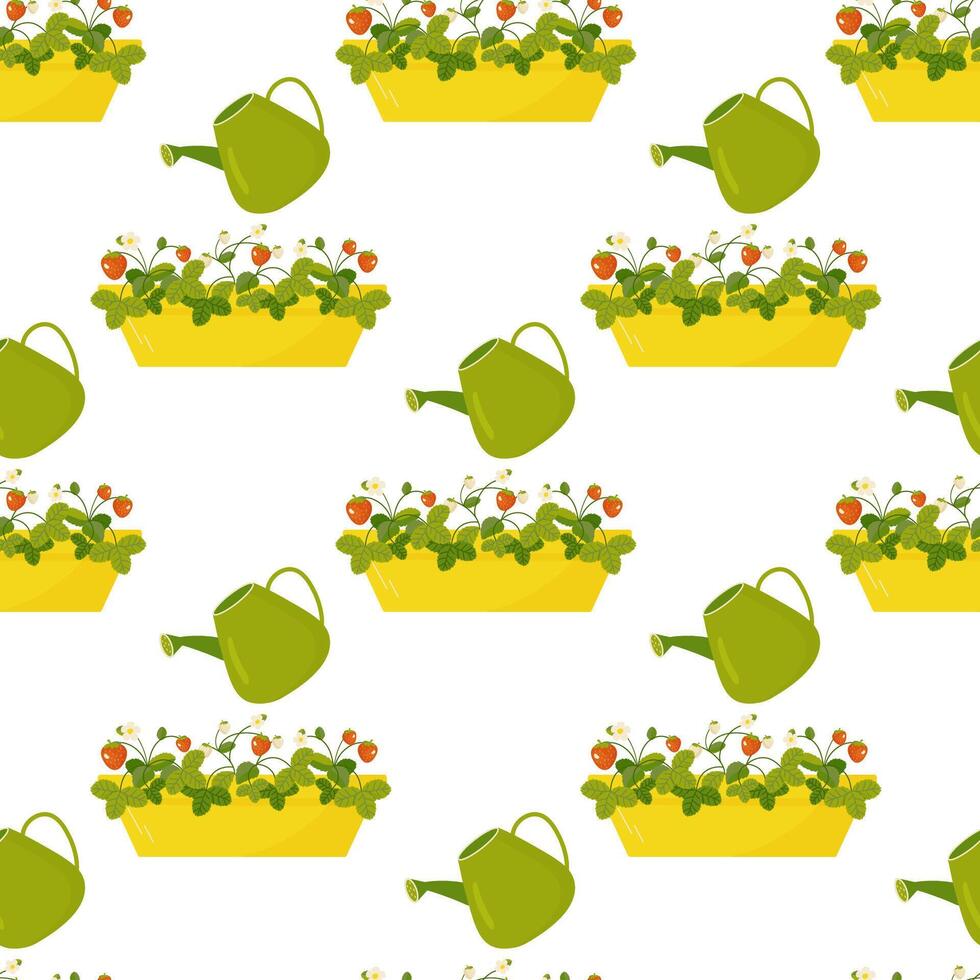 sömlös mönster trädgård jordgubb i pott, vattning. vektor illustration. för din design, omslag papper, tyg.