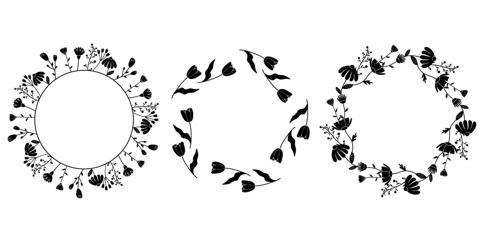 uppsättning av blommig ramar på vit isolerat bakgrund, svart och vit silhuett. för vykort design, baner, Grattis vektor
