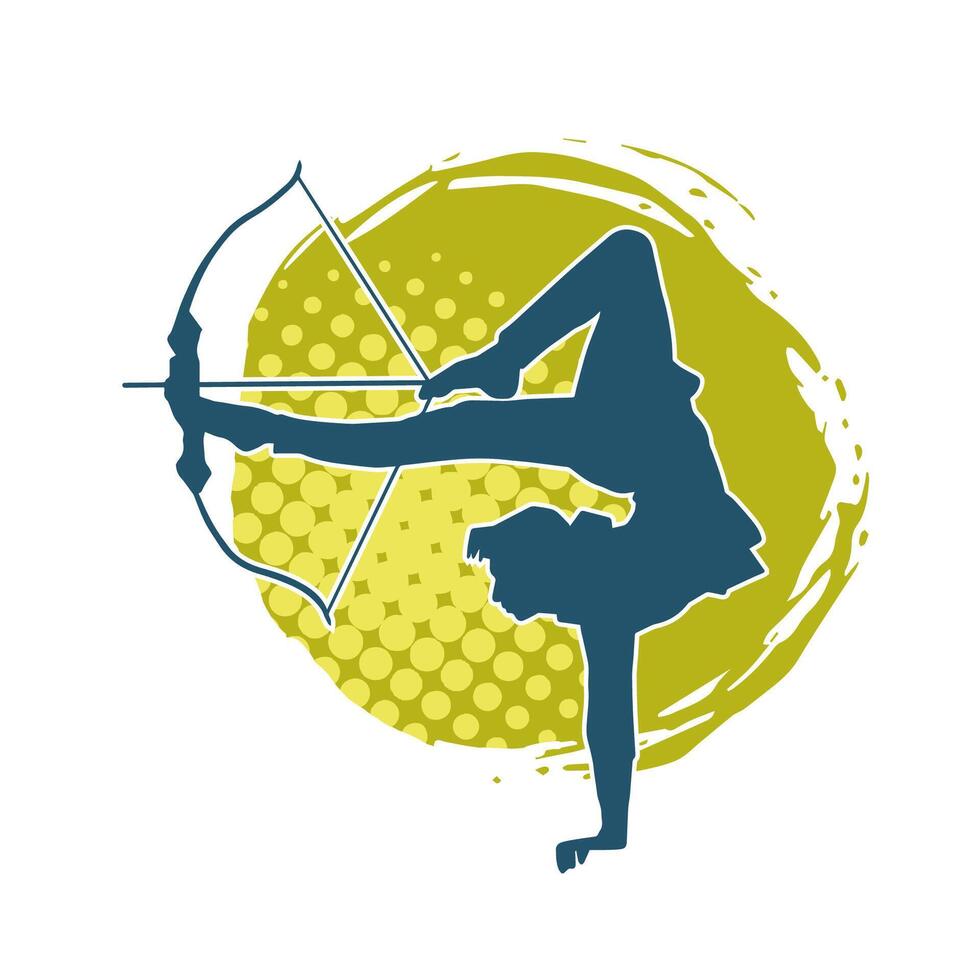 silhuett av en kvinna archer siktar i akrobatisk utgör. silhuett av en kvinna i bågskytte akrobatik utgör. vektor