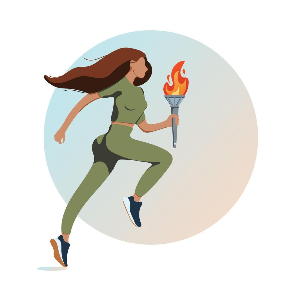 Fackelträger, Vektor Illustration von Laufen sportlich Frau mit olympisch Flamme.paris Olympia Spiele 2024, Paris.