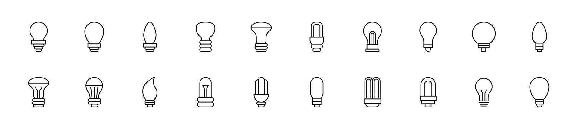 Sammlung von dünn Linie Symbole von Licht Glühbirnen zum verschiedene Ressourcen. linear Zeichen und editierbar Schlaganfall. geeignet zum Netz Websites, Bücher, Artikel vektor