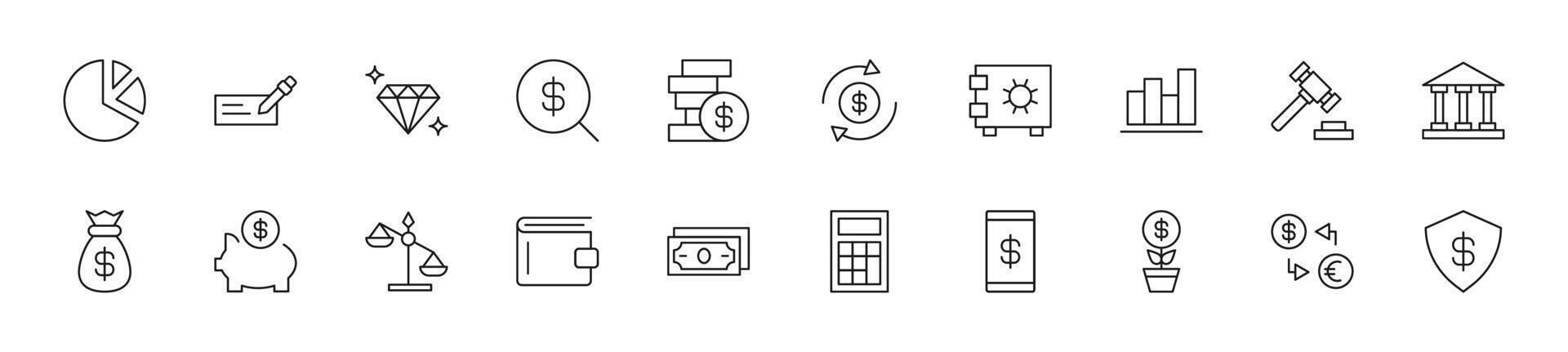 samling av tunn linje ikoner av företag och pengar. linjär tecken och redigerbar stroke. lämplig för webb webbplatser, böcker, artiklar vektor