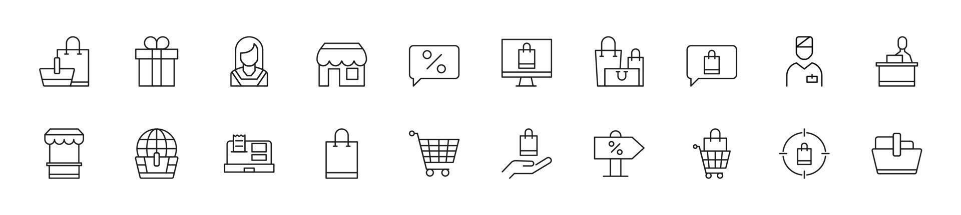 Sammlung von dünn Linie Symbole von Verkäufer. linear Zeichen und editierbar Schlaganfall. geeignet zum Netz Websites, Bücher, Artikel vektor