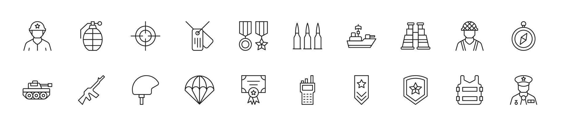 Sammlung von dünn Linie Symbole von Armee. linear Zeichen und editierbar Schlaganfall. geeignet zum Netz Websites, Bücher, Artikel vektor