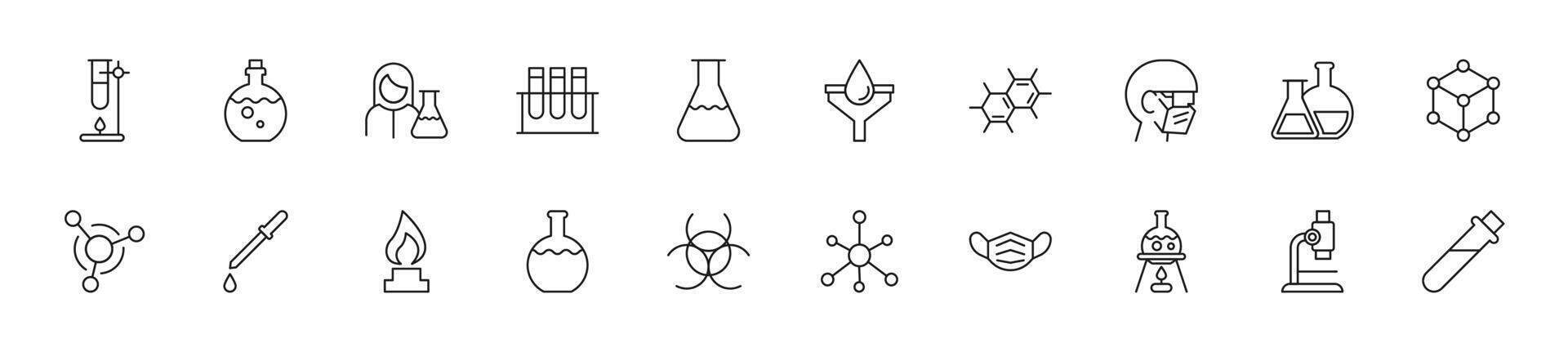 Sammlung von dünn Linie Symbole von Chemie. linear Zeichen und editierbar Schlaganfall. geeignet zum Netz Websites, Bücher, Artikel vektor