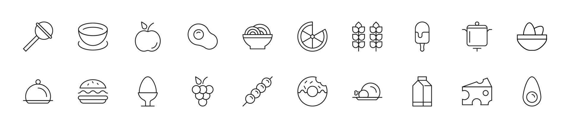 samling av tunn linje ikoner av måltid. linjär tecken och redigerbar stroke. lämplig för webb webbplatser, böcker, artiklar vektor