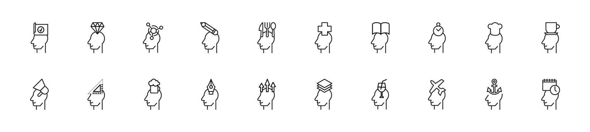 Sammlung von dünn Linie Symbole von Artikel Über Kopf von ein Person. linear Zeichen und editierbar Schlaganfall. geeignet zum Netz Websites, Bücher, Artikel vektor