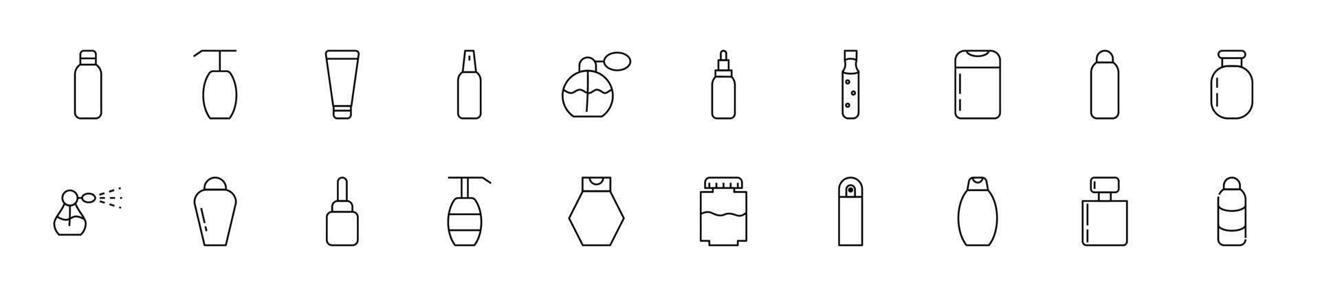 Sammlung von dünn Linie Symbole von kosmetisch Flaschen. linear Zeichen und editierbar Schlaganfall. geeignet zum Netz Websites, Bücher, Artikel vektor