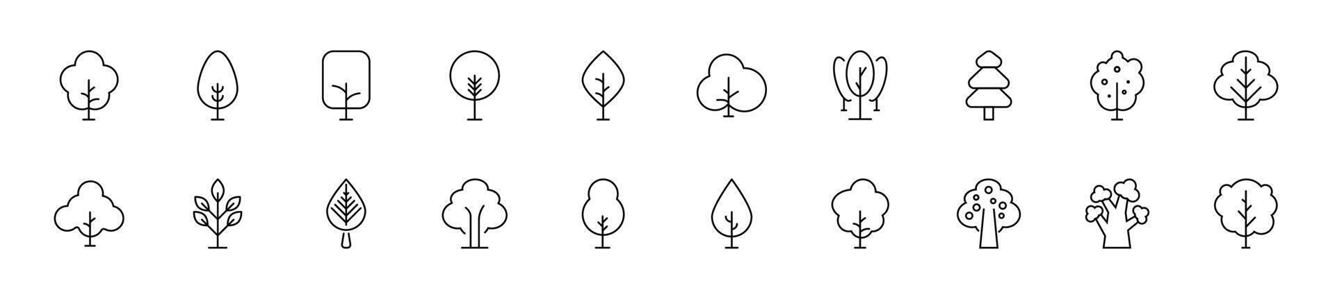 samling av tunn linje ikoner av olika träd. linjär tecken och redigerbar stroke. lämplig för webb webbplatser, böcker, artiklar vektor