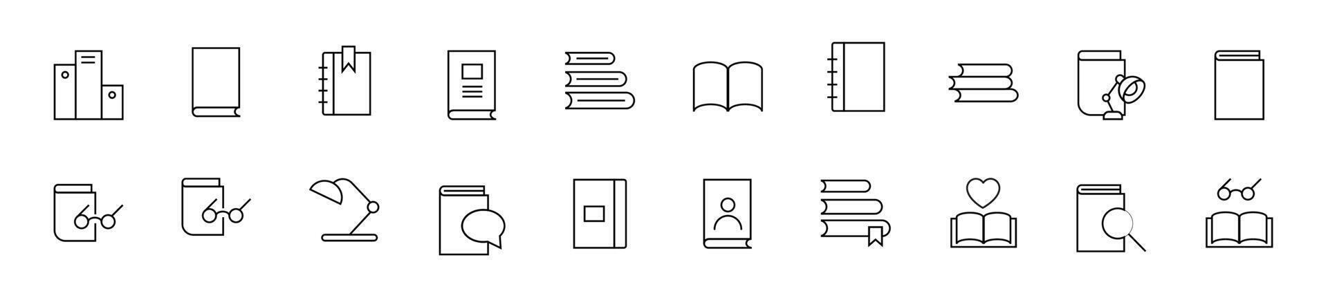 samling av tunn linje ikoner av böcker. linjär tecken och redigerbar stroke. lämplig för webb webbplatser, böcker, artiklar vektor