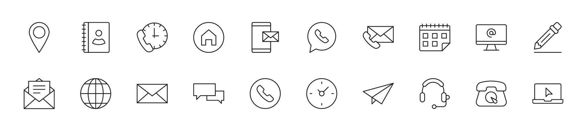 Sammlung von dünn Linie Symbole von Kontakt uns. linear Zeichen und editierbar Schlaganfall. geeignet zum Netz Websites, Bücher, Artikel vektor