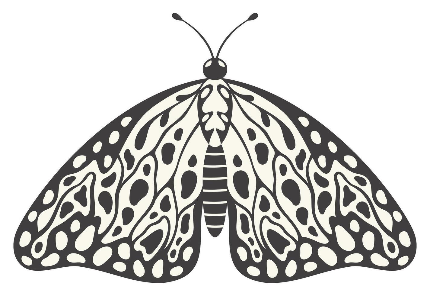 Motte Schmetterling Illustration, Vektor. y2k Stil ästhetisch, Flügel Formen im Vorderseite Sicht, ein Magie Zier Symbol. schwarz und Weiß einfarbig Element, tätowieren Grafik drucken mit abstrakt Muster vektor