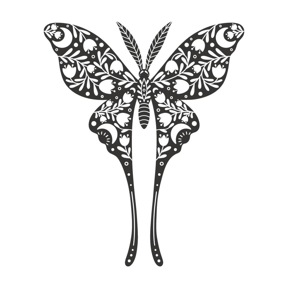 Schmetterling Symbol mit Blumen- Ornament. Jahrgang Silhouette von schwarz und Weiß mystisch Schmetterling oder Motte. fliegend himmlisch Insekt, Vektor Illustration