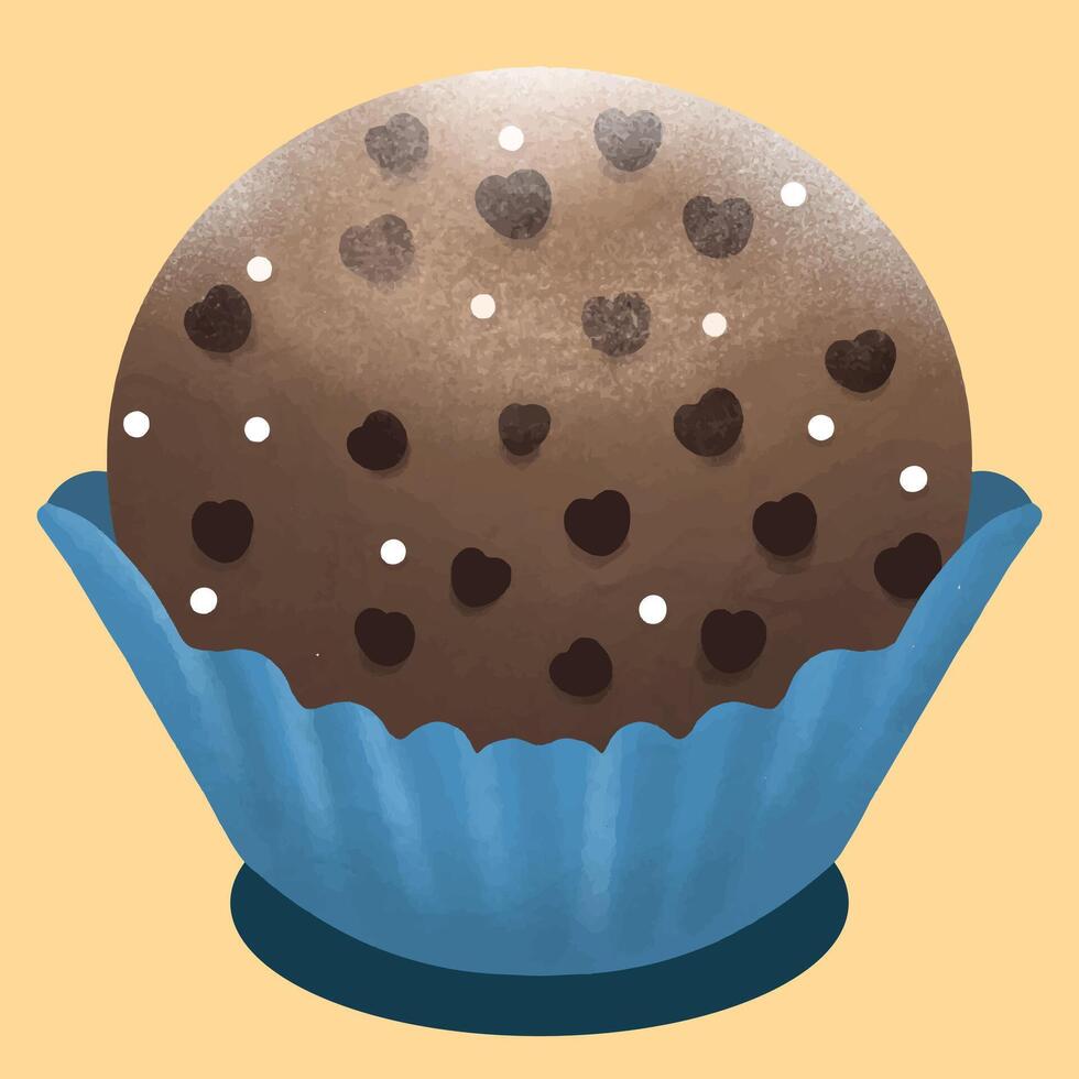 süß Vektor Illustration von ein runden Weiß Schokolade Kuchen mit klein Schokolade Herzen bestreut auf oben eingewickelt im Blau Papier