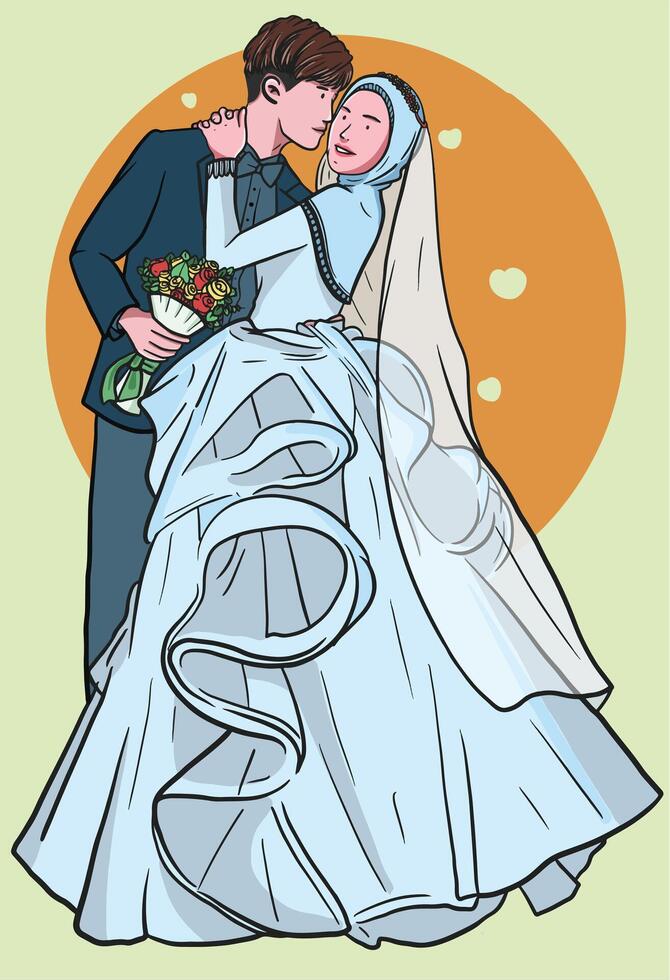 Vektor Illustration von ein süß Muslim Hochzeit Paar mit einfach Zeichnungen