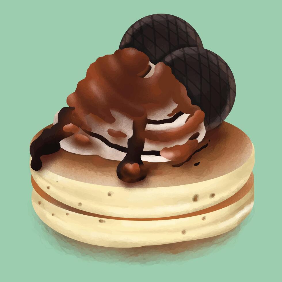 Vektor Illustration von zwei Pfannkuchen gekrönt mit Süss Schokolade Eis Sahne