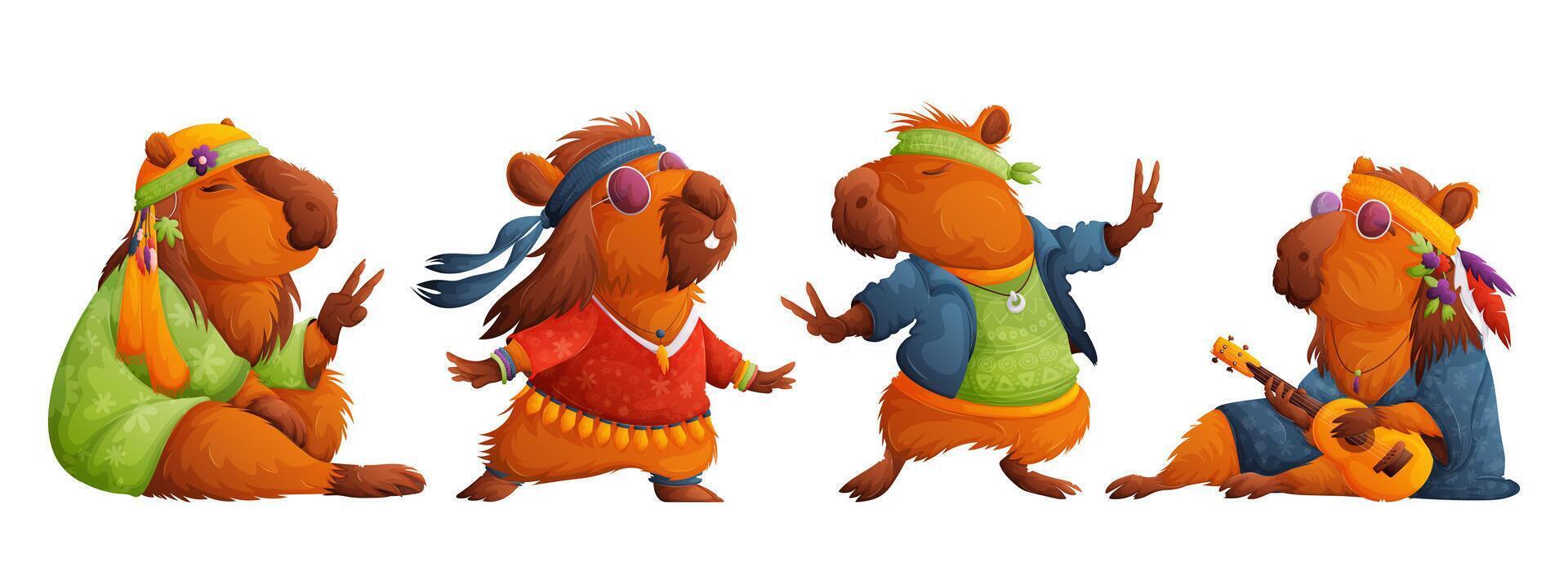 uppsättning av fredlig hippie capybaras. lugna capybara i ljus hippie kläder och rosa glasögon, slappnar av, mediterar och spelar en små ukulele gitarr. tecknad serie stil, vektor illustration.