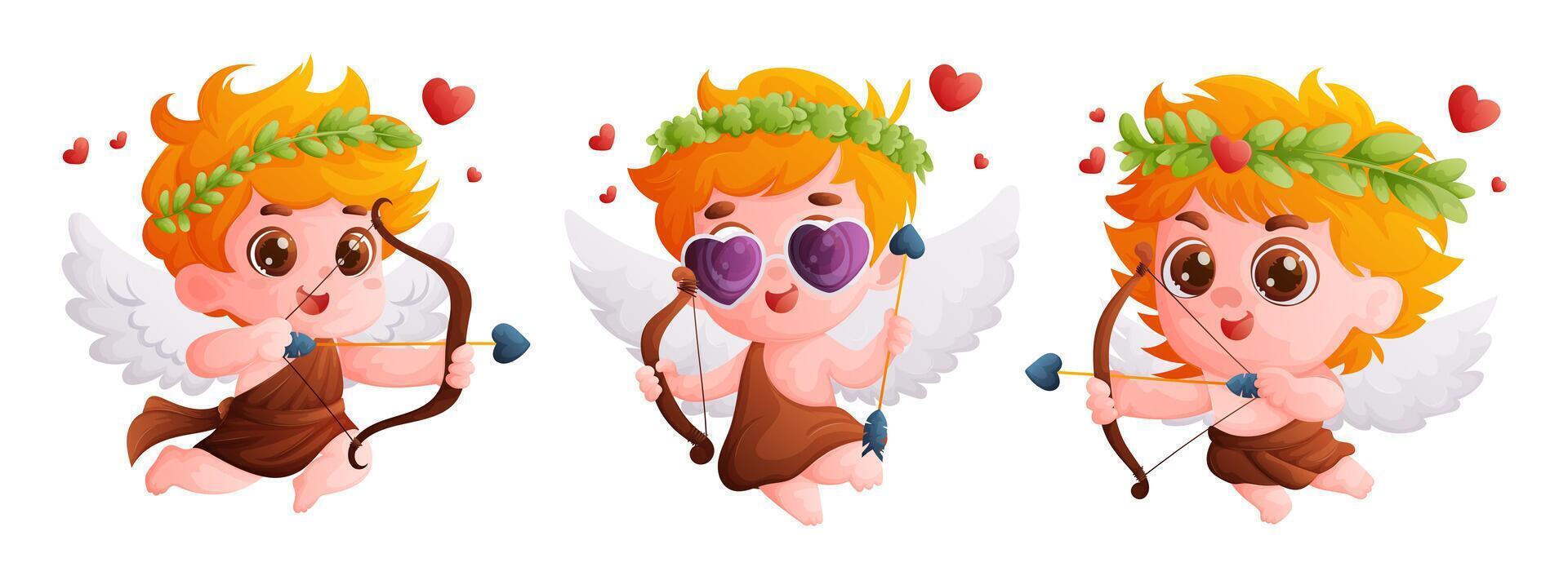 einstellen von schwebend Amoretten mit Bogen und Pfeil. Symbol von Valentinstag Tag, ein wenig Junge mit groß Flügel gibt Liebe. Karikatur Stil, Vektor Illustration.