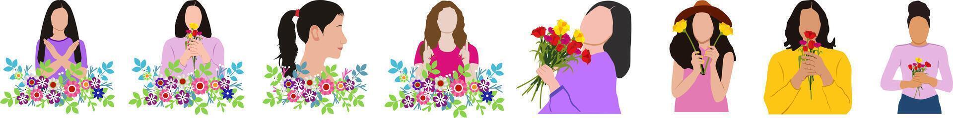 annorlunda nationaliteter kvinnor innehav blommor för en Lycklig kvinnors dag vektor